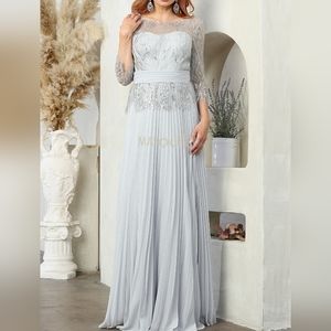 Plus size silver formal dress,  3/4 sleeve long floor length pleated skirt